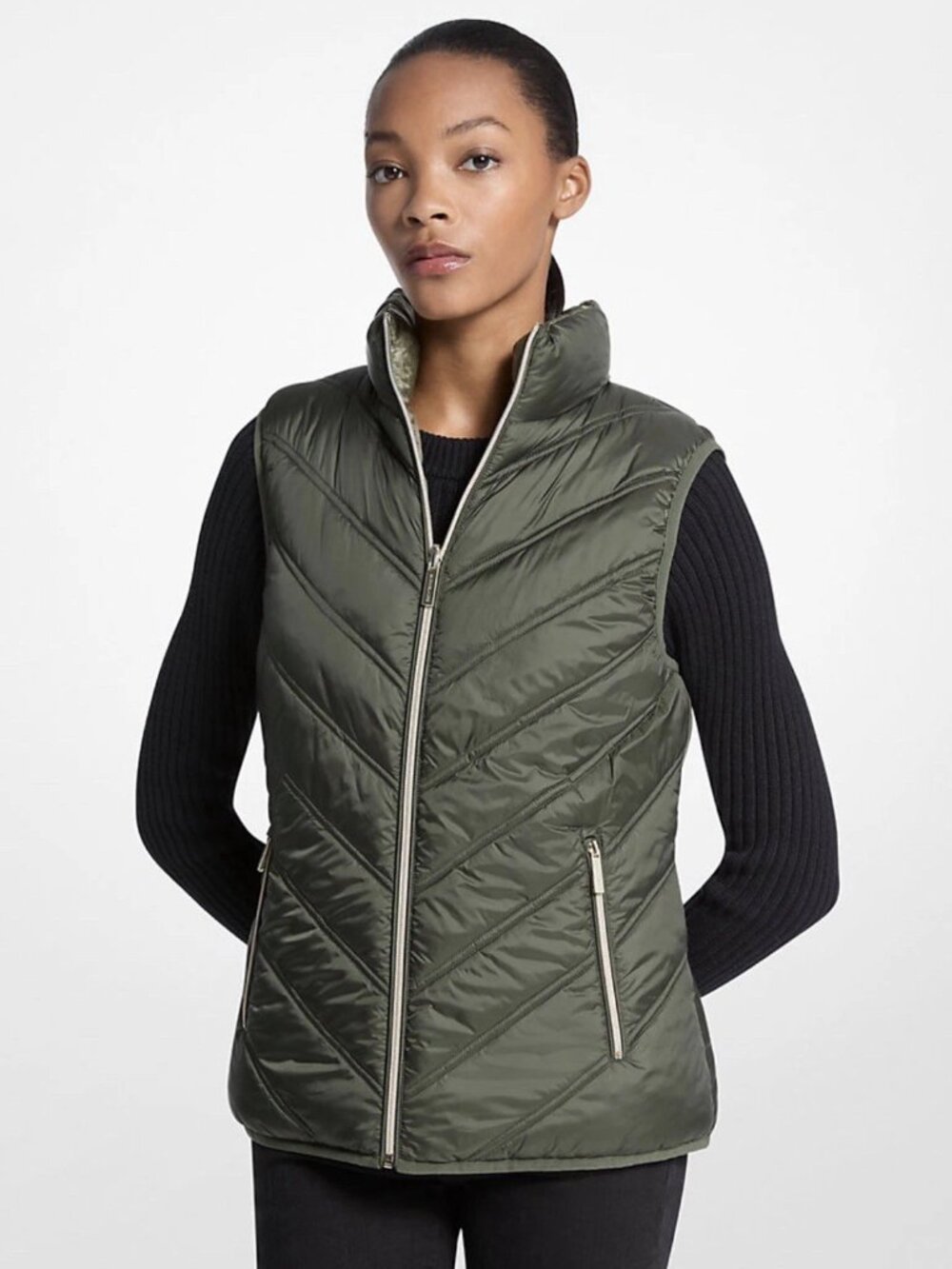NWT Michael Kors Quilted Chevron Ivy Green Puffy Vest - Sz S - MSRP $125